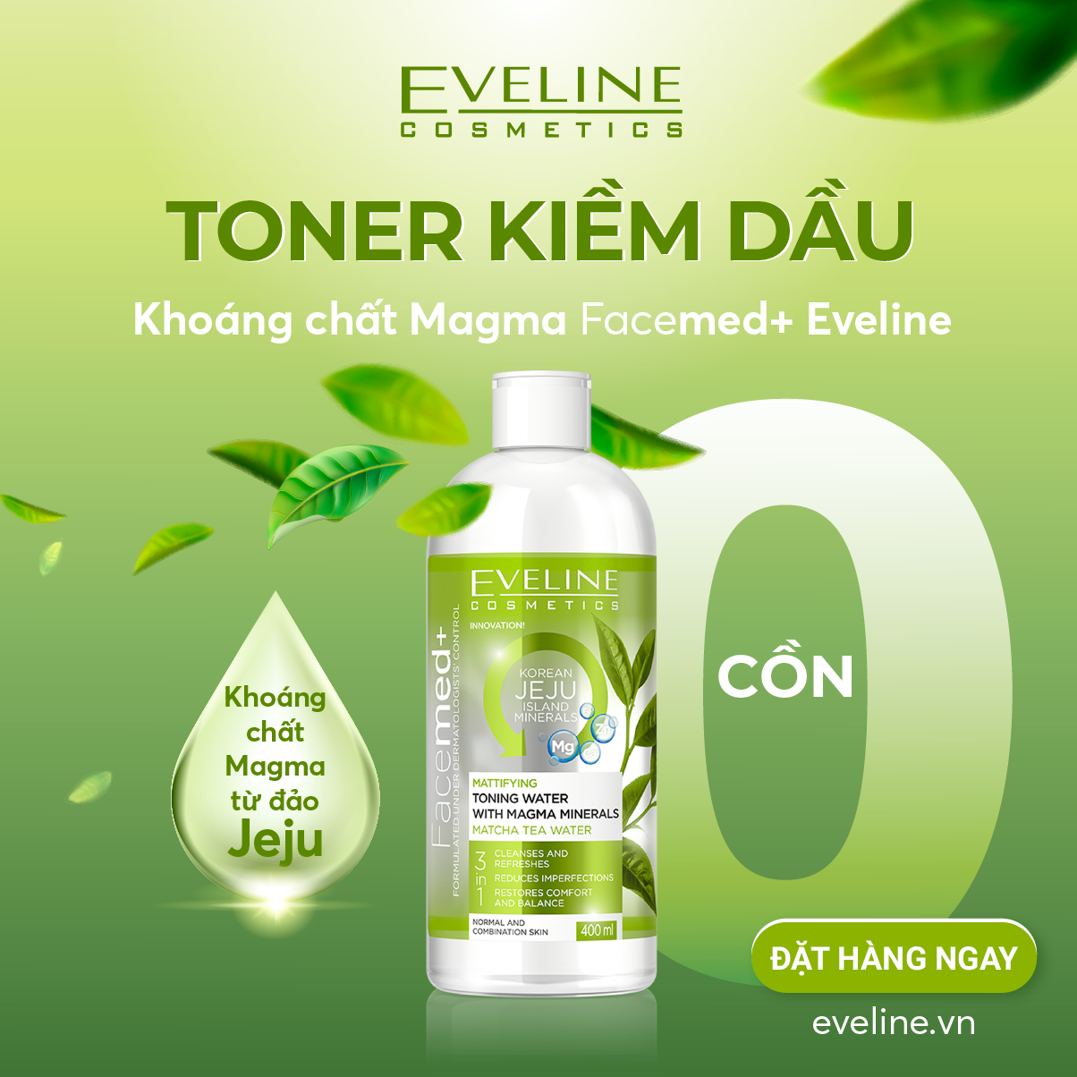 Nước Hoa Hồng Eveline Kiềm Dầu Khoáng Chất 400ml Toning Water With Magma Mineral Matcha Tea