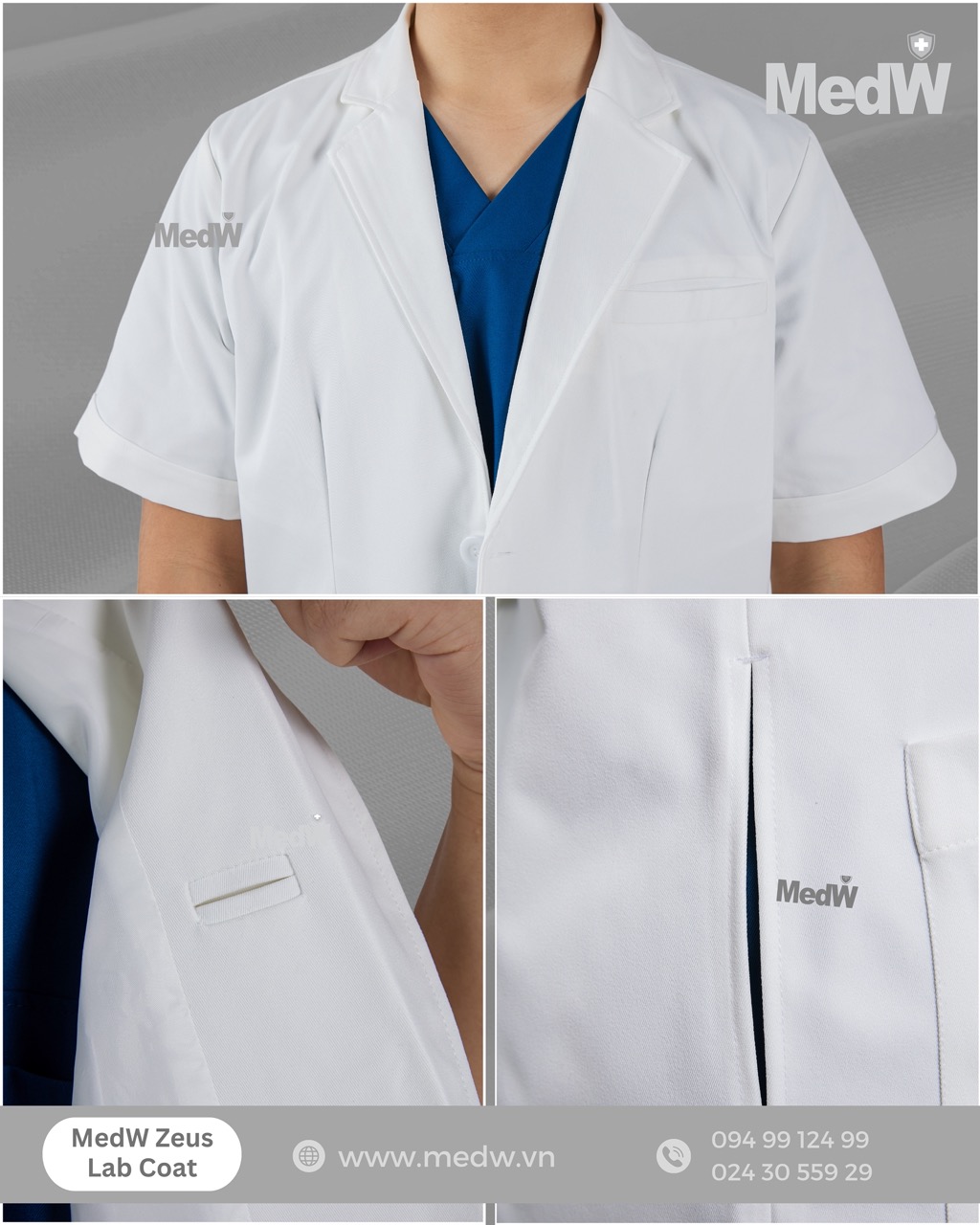 MedW Zeus Lab Coat (Nam Tay Ngắn ) Áo Blouses Bác sĩ  Bộ Trang Phục Y Tế Bác Sĩ, Điều Dưỡng Thiết Kế Pháp Cách Tân Trang Trọng Thẩm Mỹ, Vật Liệu Y Tế Cotton Nhật Nhập Khẩu Chuyên Biệt Không Bám Dính, Xếp Ly Giữ Dáng Suông