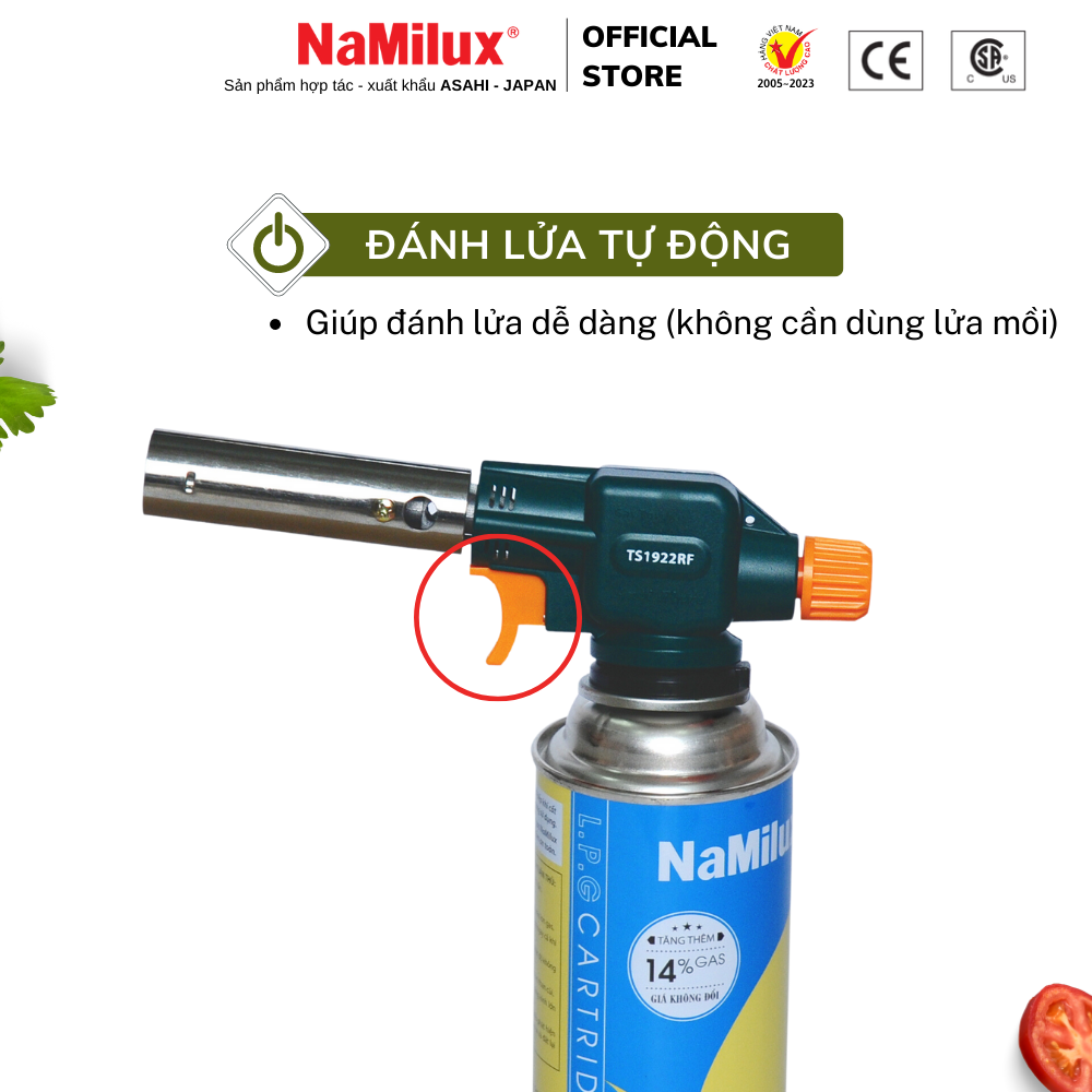 Đèn Khò Gas NaMilux TS1922RF/NH-T2922RF - Sử Dụng Mọi Tư Thế 360° - Đánh Lửa Tự Động -Công Suất 1,800W - Hàng Chính Hãng