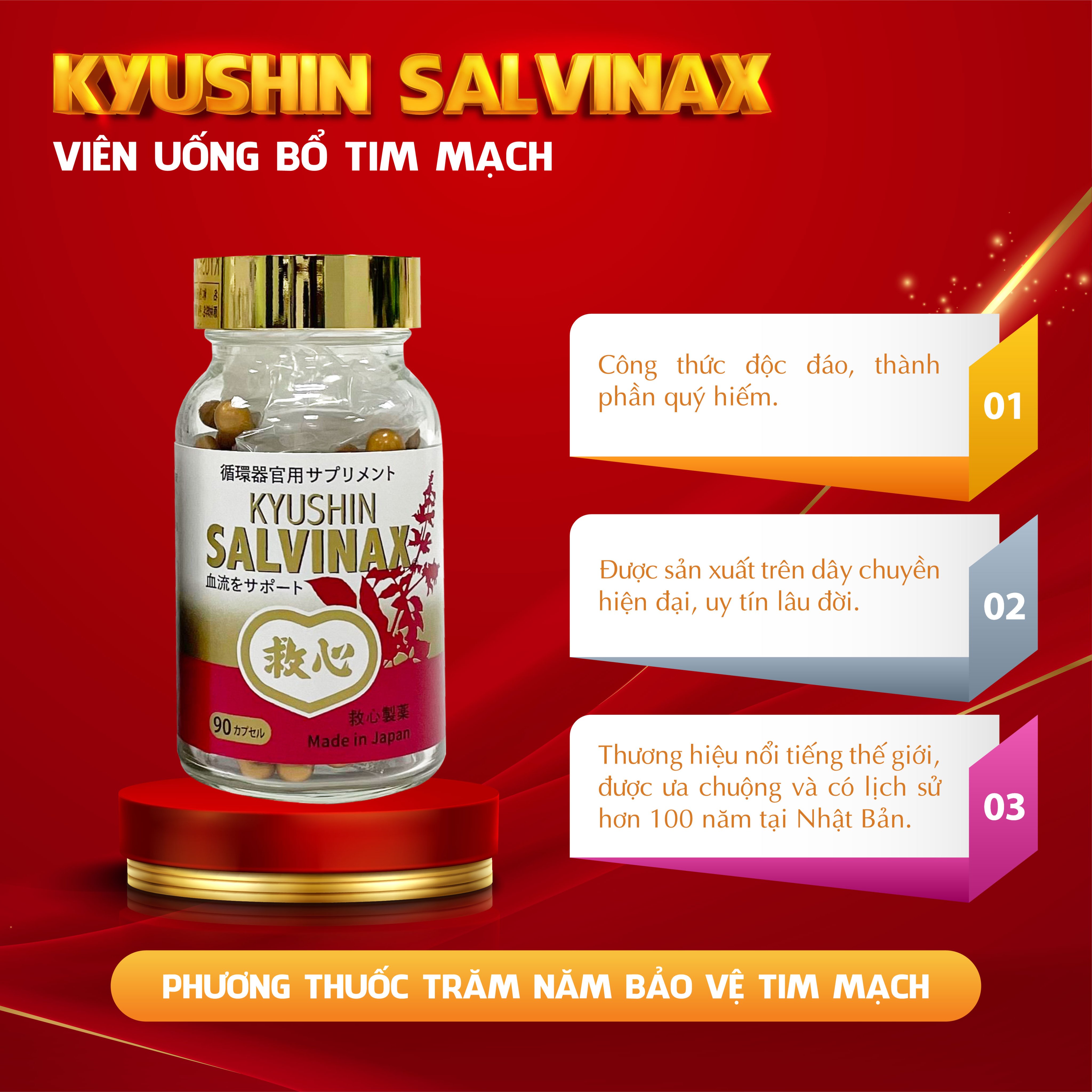 Viên Uống Bổ Tim Mạch Nhật Bản - Viên Cứu Tâm Kyushin Salvinax 90 Viên - Thực phẩm chức năng hỗ trợ bệnh tim mạch, bổ tim, tăng cường tuần hoàn máu