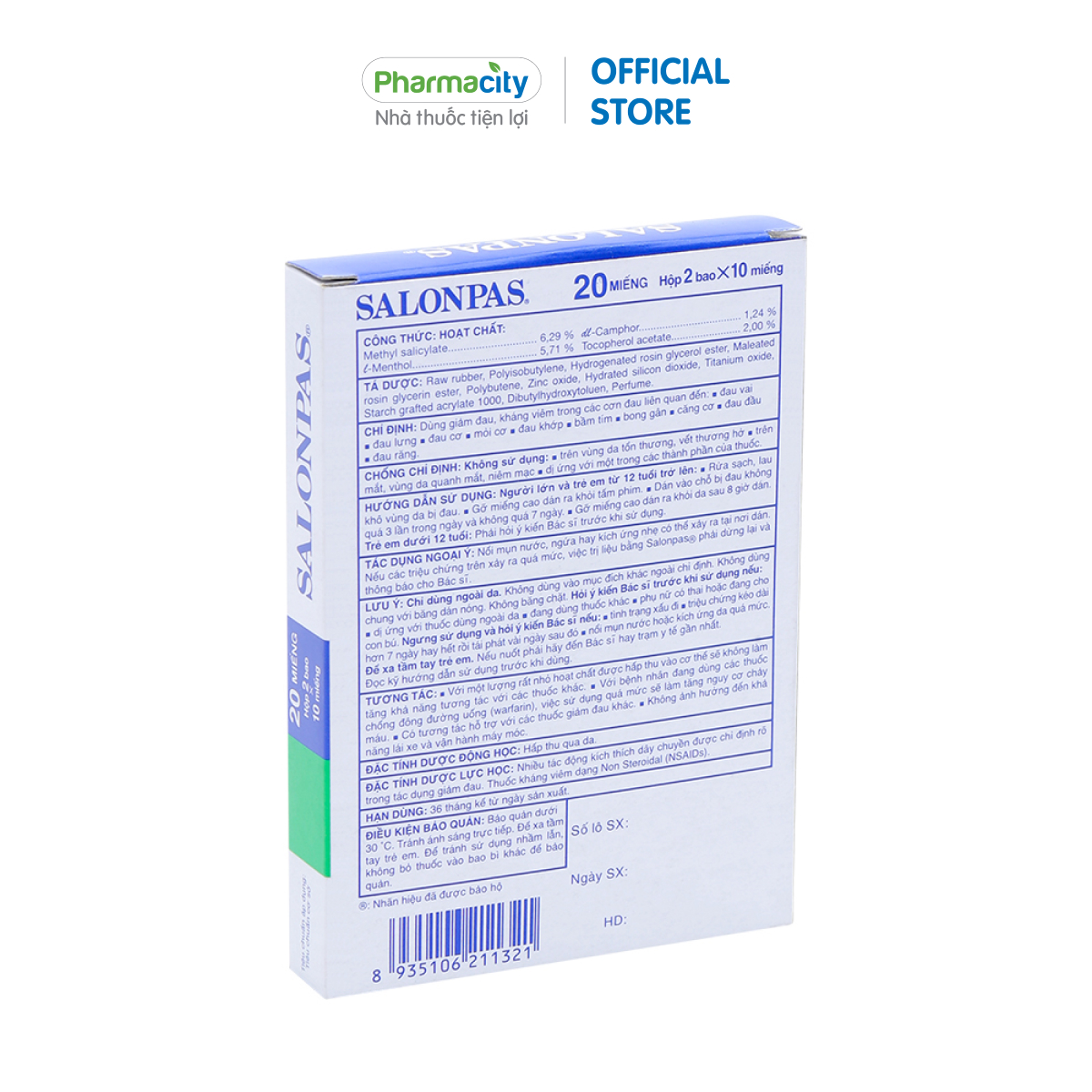 Cao dán giảm đau Salonpas 6.5cm x 4.2 cm (Hộp 20 miếng)