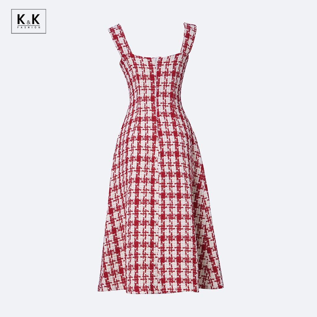 Đầm Dự Tiệc Midi Hai Dây Phối Túi K&amp;K Fashion KK130-03 Chất Liệu Tweed