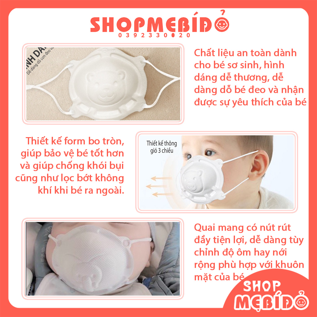 Set 3 chiếc Khẩu trang 3D hình gấu cho bé sơ sinh từ 0-3 tuổi