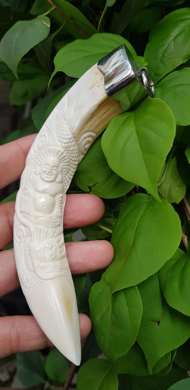 Mặt dây chuyền Nam Nanh Chạm Phật Di Lặc Giả Ngà hay gọi Xương mỹ nghệ màu trắng Mặt dây chạm hình Phật Di Lặc đã bọc khoen inox Nam đeo với sợi dây chuyền của mình đẹp ạ