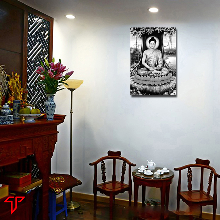 Tranh gỗ treo trang trí tường phật tam thánh, phật adida, thích ca mâu ni mẫu trắng đen cao cấp hiện đại, Tranh Phật Giáo Phật Thích Ca Mâu Ni 2039