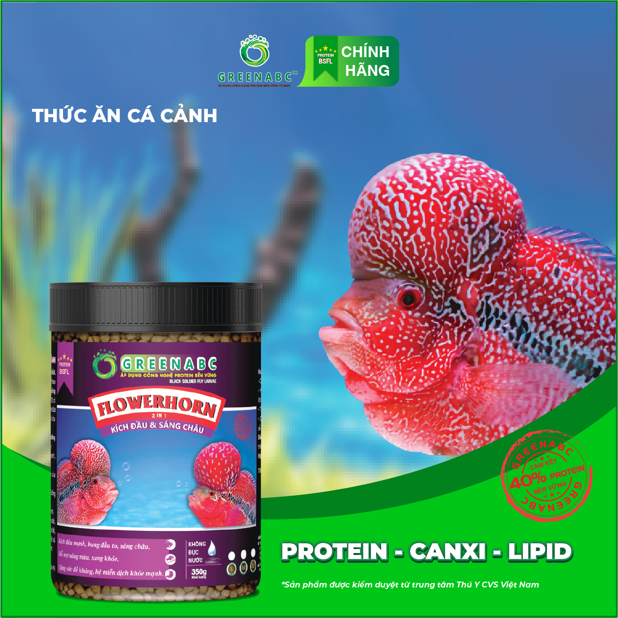 Thức ăn Cá La Hán GREENABC - Flowerhorn Fish – Hàm lượng protein 40% giúp kích bung đầu to, châu sáng, vảy rực rỡ, tăng trưởng nhanh - Hộp 350g