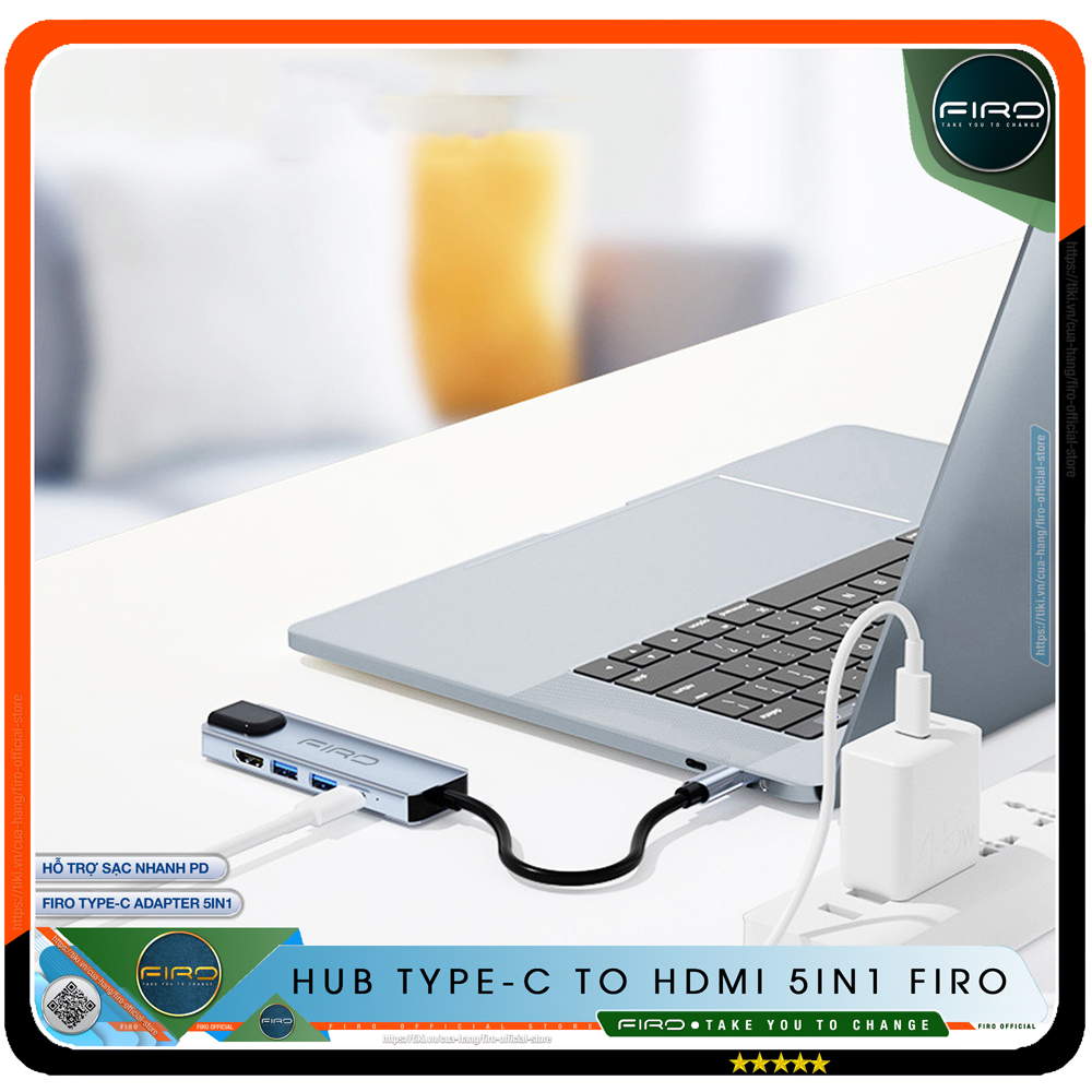 Hub Type C FIRO 5in1 - Hub Chuyển Đổi Type C To HDMI Chuẩn HDTV - 1 Cổng Mạng Lan, 1 Cổng HDMI/HDTV 4K, 2 Cổng USB 3.0, 1 Cổng Sạc Nhanh Type C PD - Kết Nối Nhiều Thiết Bị Với Tốc Độ Cao - Dùng Cho Tivi/Laptop/Playstation/PC/Smartphone – Hàng Chính Hãng