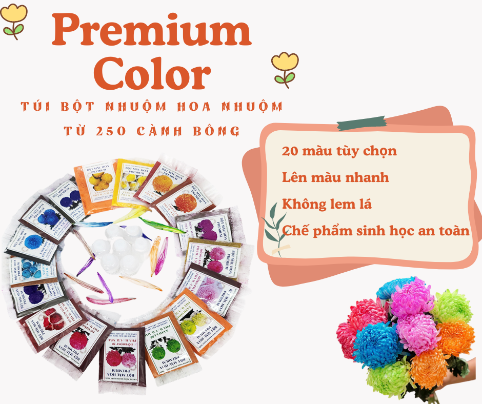 Gói Bột Nhuộm Hoa tươi Premium Color (7g pha 1L nước  màu hoa) nhuộm Hơn 250 Cành Hoa Nhanh Chóng và Hiệu Quả, An Toàn Cho Người Sử Dụng Tại Nhà