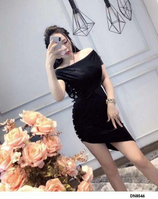 Đầm bẹt vai tay nhí xéo tà đính cườm