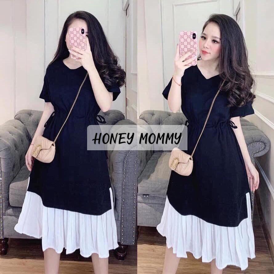 Váy Bầu Hè Cộc Tay Chất Thun Cotton Dây Rút Eo Phối Chân Váy Trắng HD2632 Honey Mommy Đầm Bầu Công Sở Đi Làm Đi Chơi