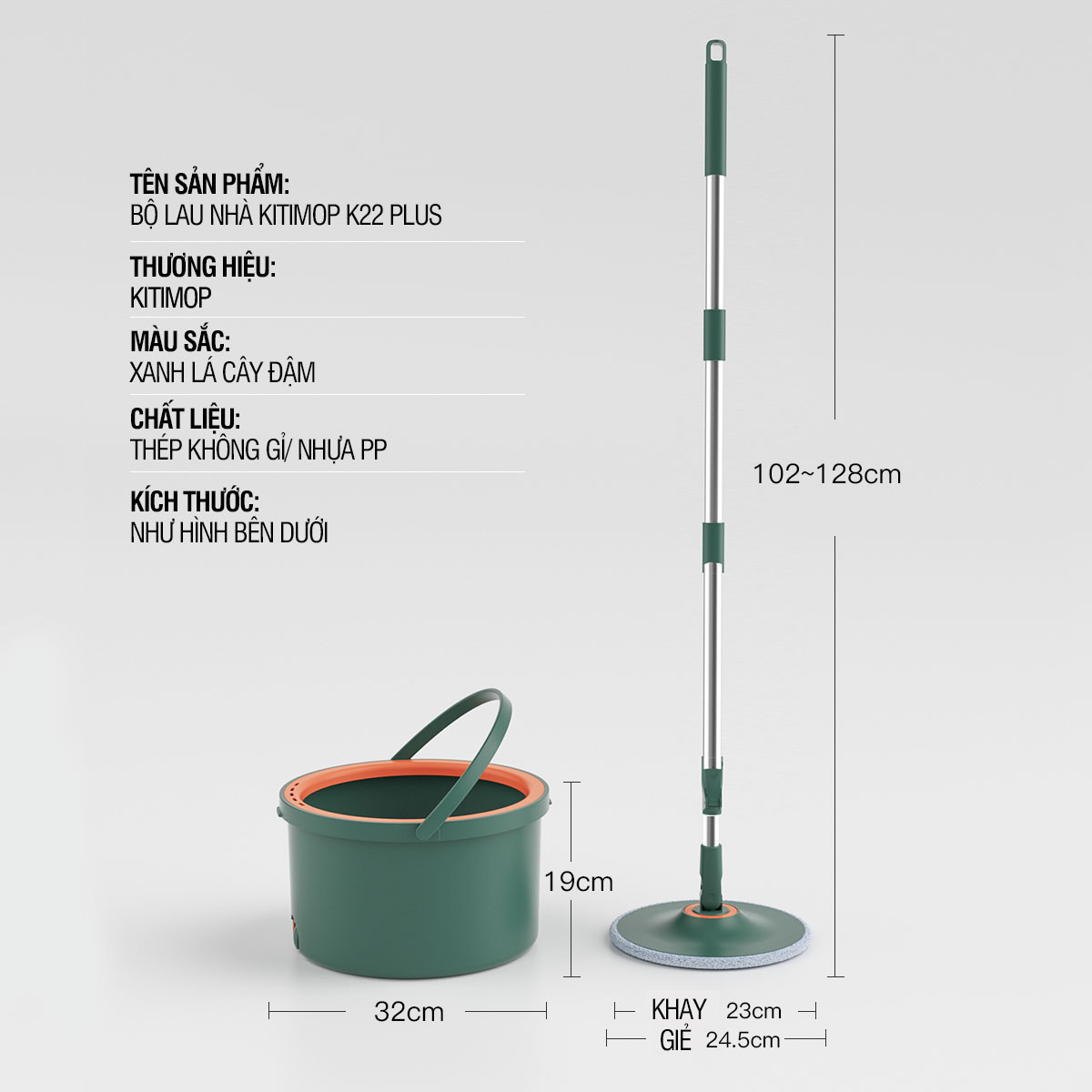 Bộ lau nhà tách nước bẩn Kitimop K22 Plus có thùng lau nhà tự vắt 2 ngăn riêng biệt, chổi lau nhà xoay 360 độ lau sạch khô nhanh, 2 bông lau