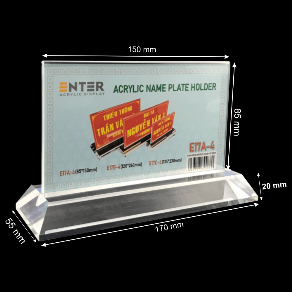 Kệ mica 2 mặt Enter E17A LR 8.5x15cm,đế 5.5x17cm dày 20mm vát 4 cạnh