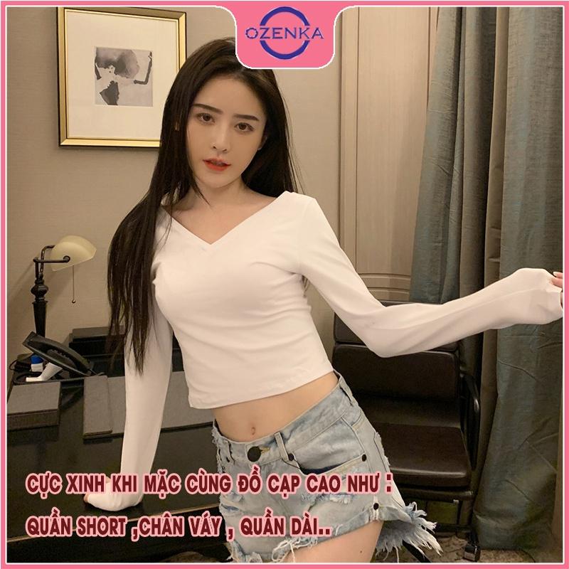 Áo croptop tay dài cổ V ôm body , ao crt mặc đi học đi chơi đẹp thun gân 100% cotton màu đen trắng free size