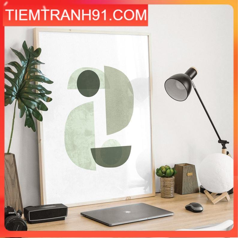 Tranh treo tường | Tranh trừu tượng - Abstract green bowls digital wall decor, Modern mid century geometric shapes