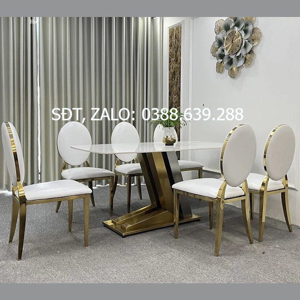 Bàn ăn mặt đá Ceramic bóng cao cấp chân inox mạ vàng kết hợp ghế Louis