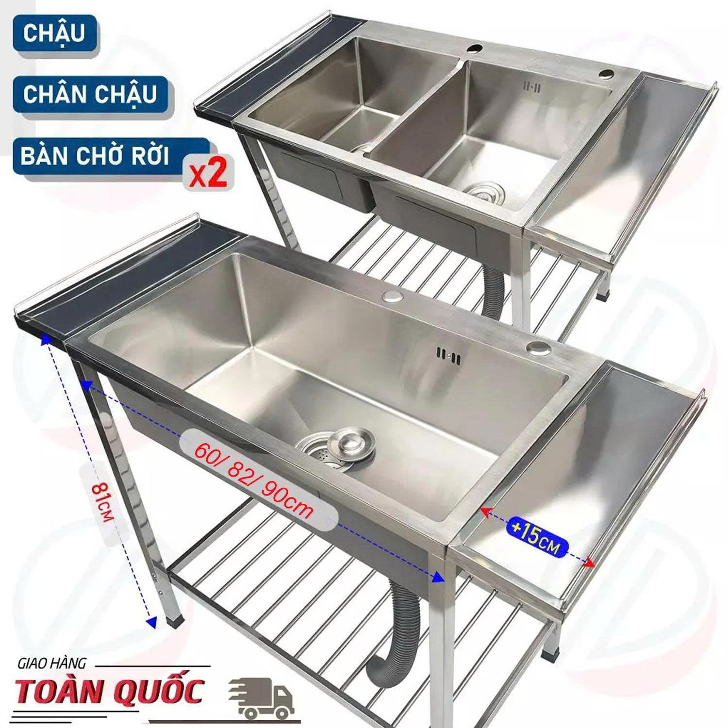 COMBO Chậu Rửa Chén Bát Có Kệ Chân Nhiều Kích Thước Lắp Thêm 2 Bàn Chờ Rộng Rãi - Gồm chậu, xi phông, kệ chân, 2 bàn rời