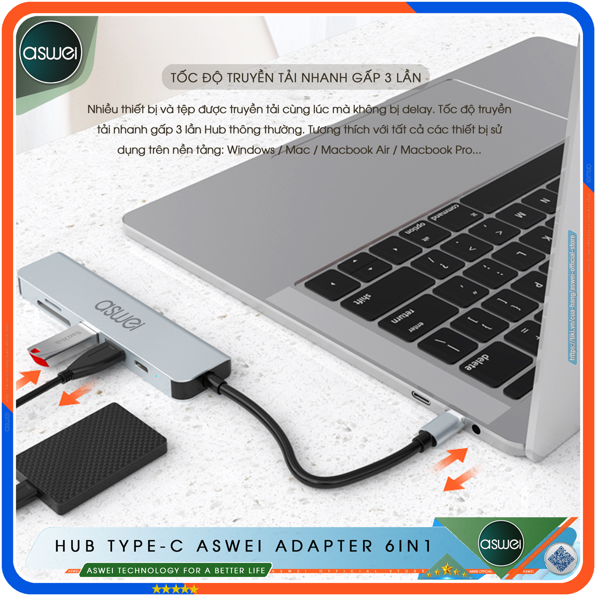 Hub Type C ASWEI 6in1 To HDMI, USB 3.0, SD, TF, PD 100W - Cổng Chia, Ổ Chia USB Tốc Độ Cao - Hub Chuyển Đổi USB Type-C Dành Cho MacBook, Tivi, Laptop, PC, Máy Tính Bảng, Smartphone – Hàng Chính Hãng