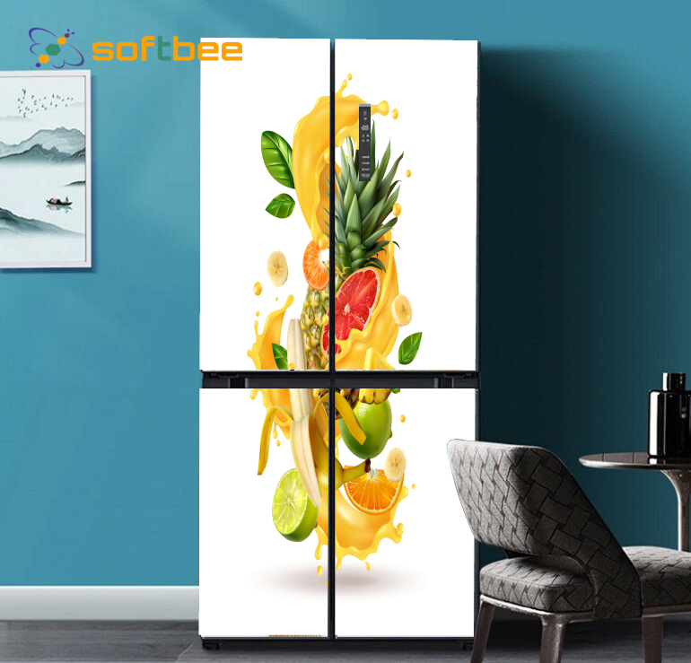 Miếng dán tủ lạnh chất liệu decal chống nước, in hình hoa quả nền trắng
