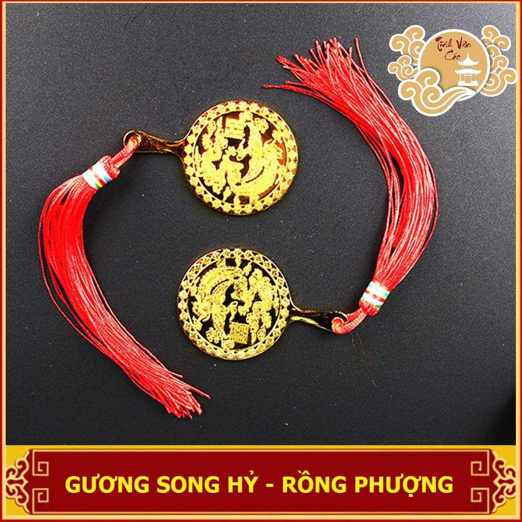 Gương cầm tay phong cách cổ trang, quà tặng tân nương, Song Hỷ Rồng Phượng - Shop TĨNH VÂN CÁC