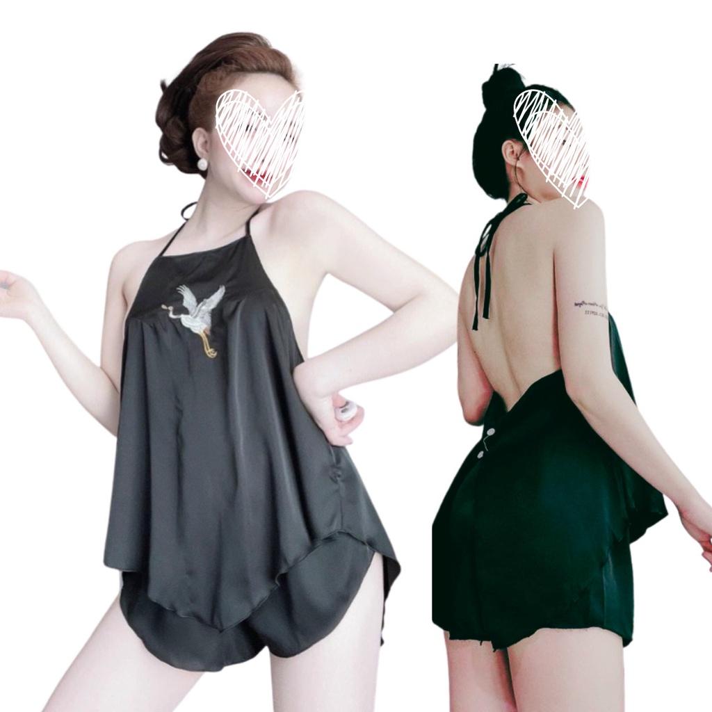 Đồ Bộ Ngủ Nữ lụa 2 Dây Thêu Hạc Sexy Quyến Rũ Vải Satin Cao Cấp Thoáng Mát, Sét Áo Kèm Quần Mặc Nhà Cổ Yếm G5