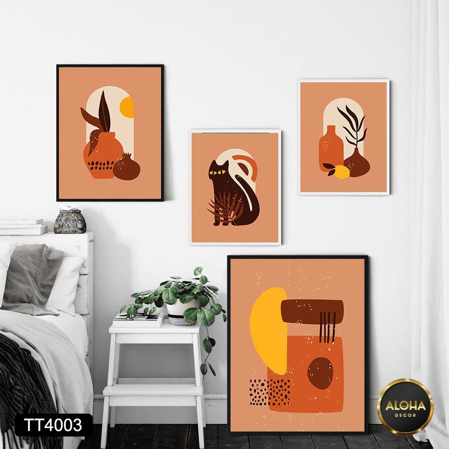 Set 4 tranh treo tường phòng khách Mininalist tông cam nâu tối giản - Tranh treo tường decor phòng ngủ tặng kèm khung