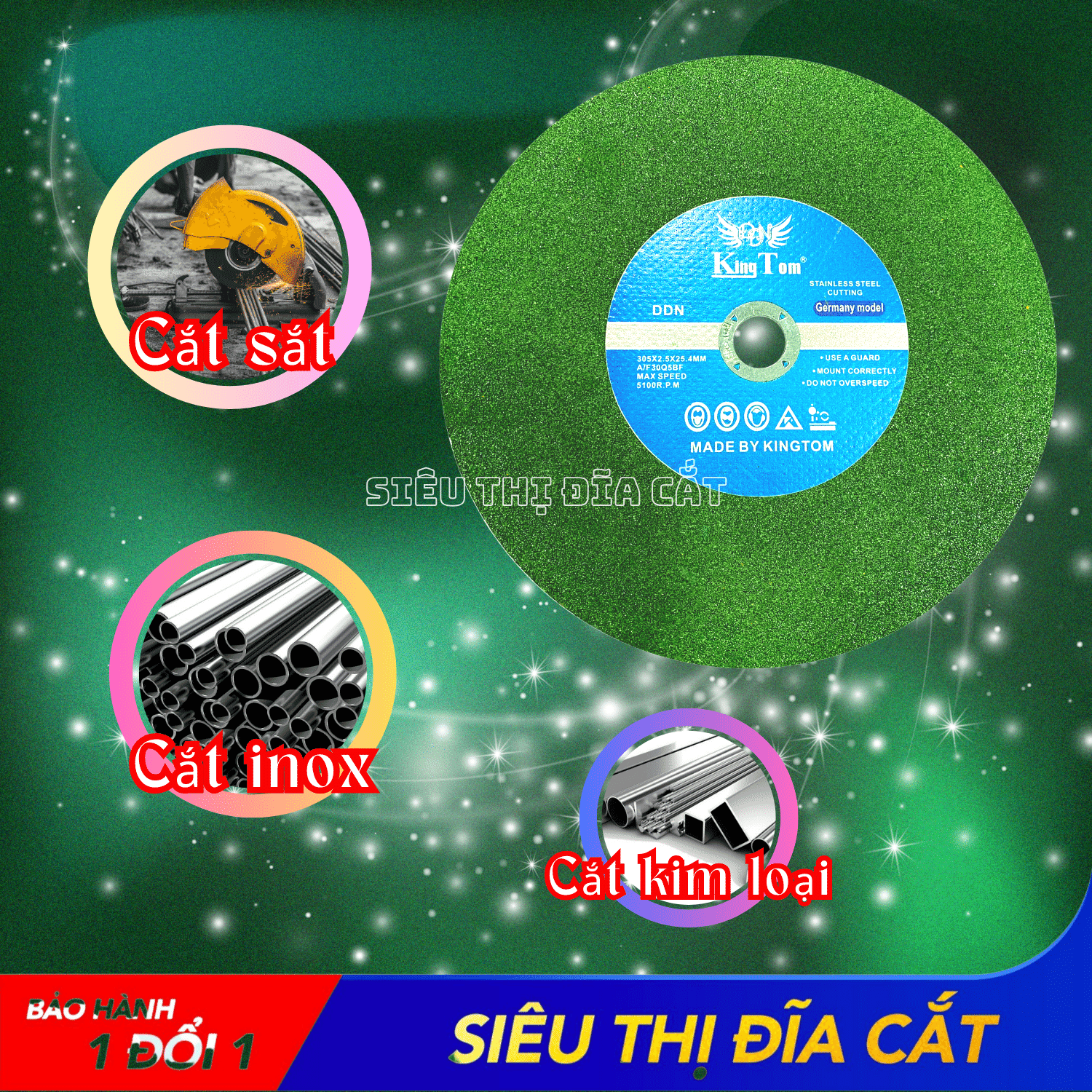 Đá Cắt KingTom Xanh 305x2.5x25.4mm - Lẻ 5 Viên - Sắc Bén, Êm Tay, Hạn Chế Bụi