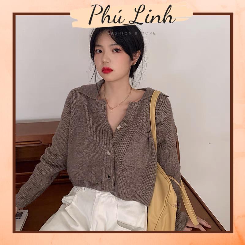 MS807 Áo len nữ dệt kim sợ to túi ngực cổ bẻ croptop