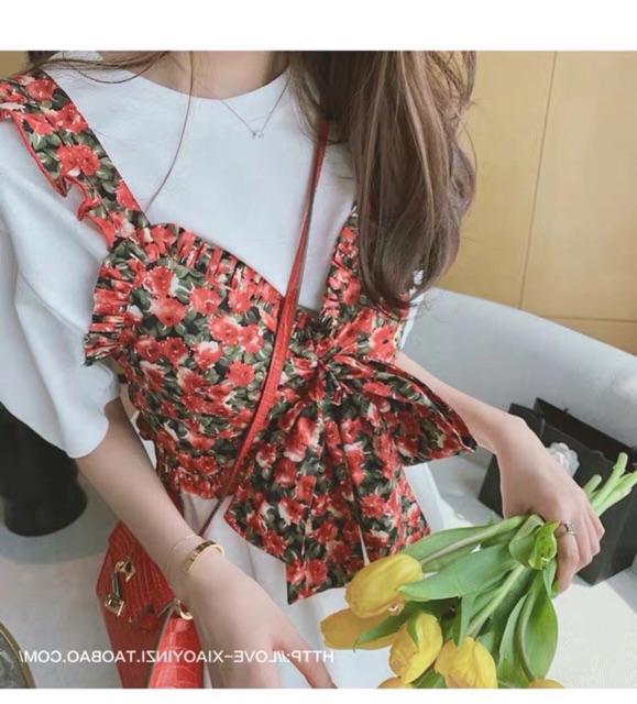 Set áo yến hoa mix đầm suông trắng