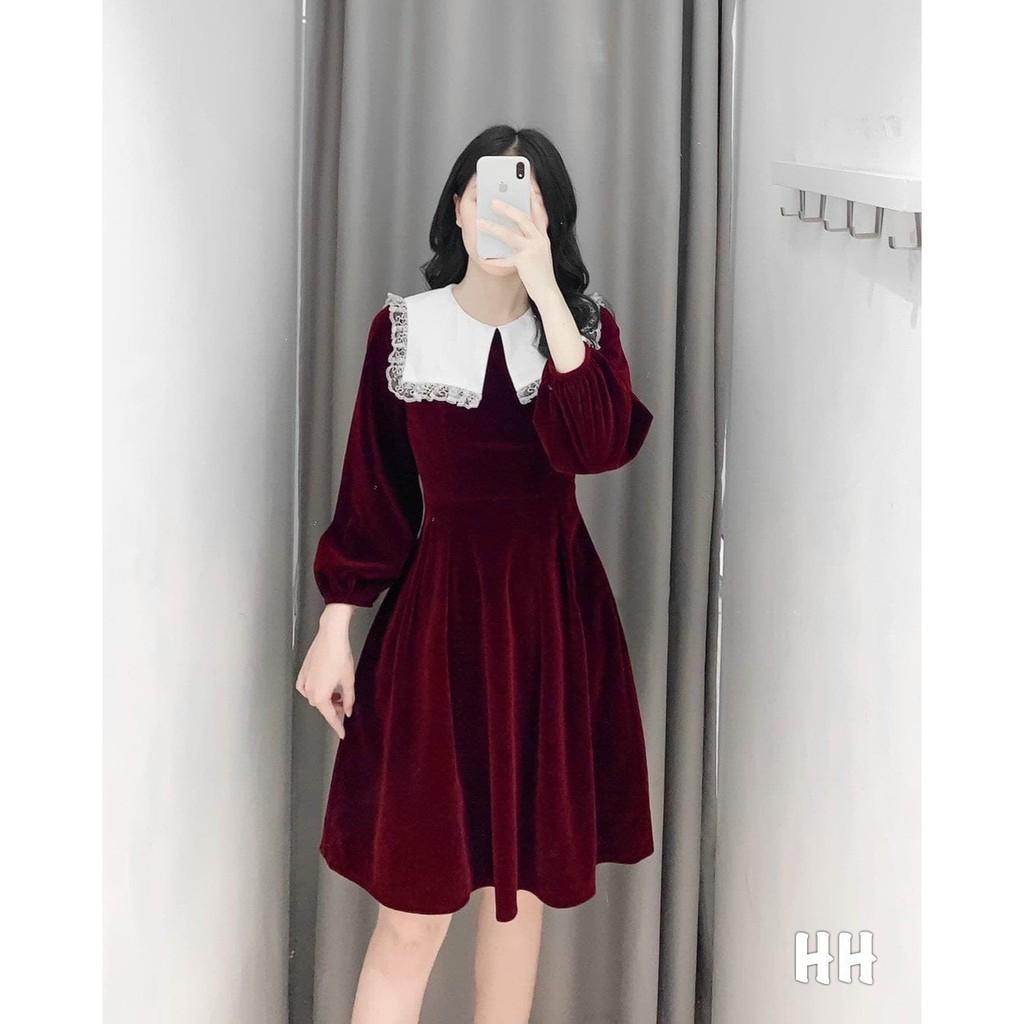 VÁY NHUNG ĐỎ CỔ TRẮNG MẸ CON