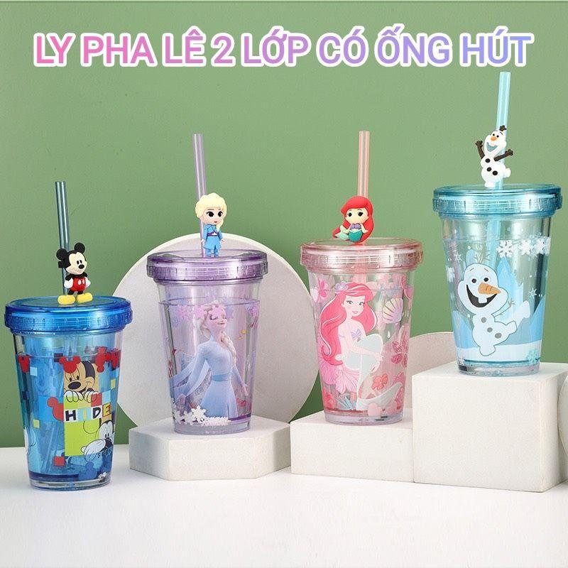 Ly ,cốc Dlsney trong suốt 2 lớp kim tuyến rơi bên trong kèm ống hút hình 3D siêu đẹp cho bé