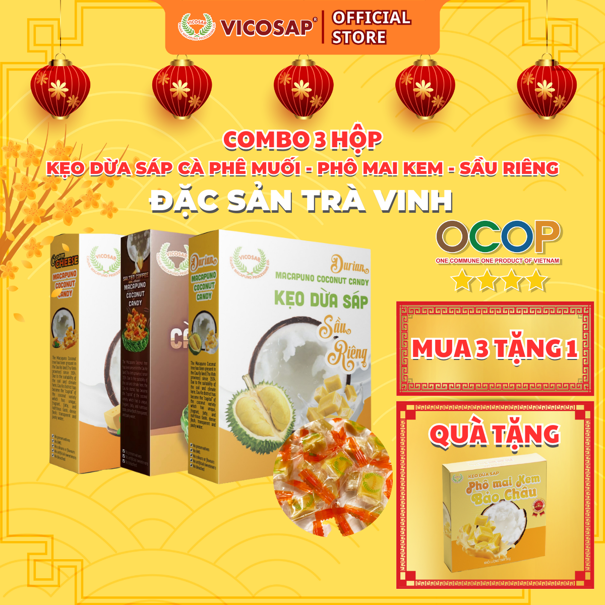 COMBO 3 Kẹo dừa sáp VICOSAP kẹo mềm dẻo ít đường đặc sản Trà Vinh