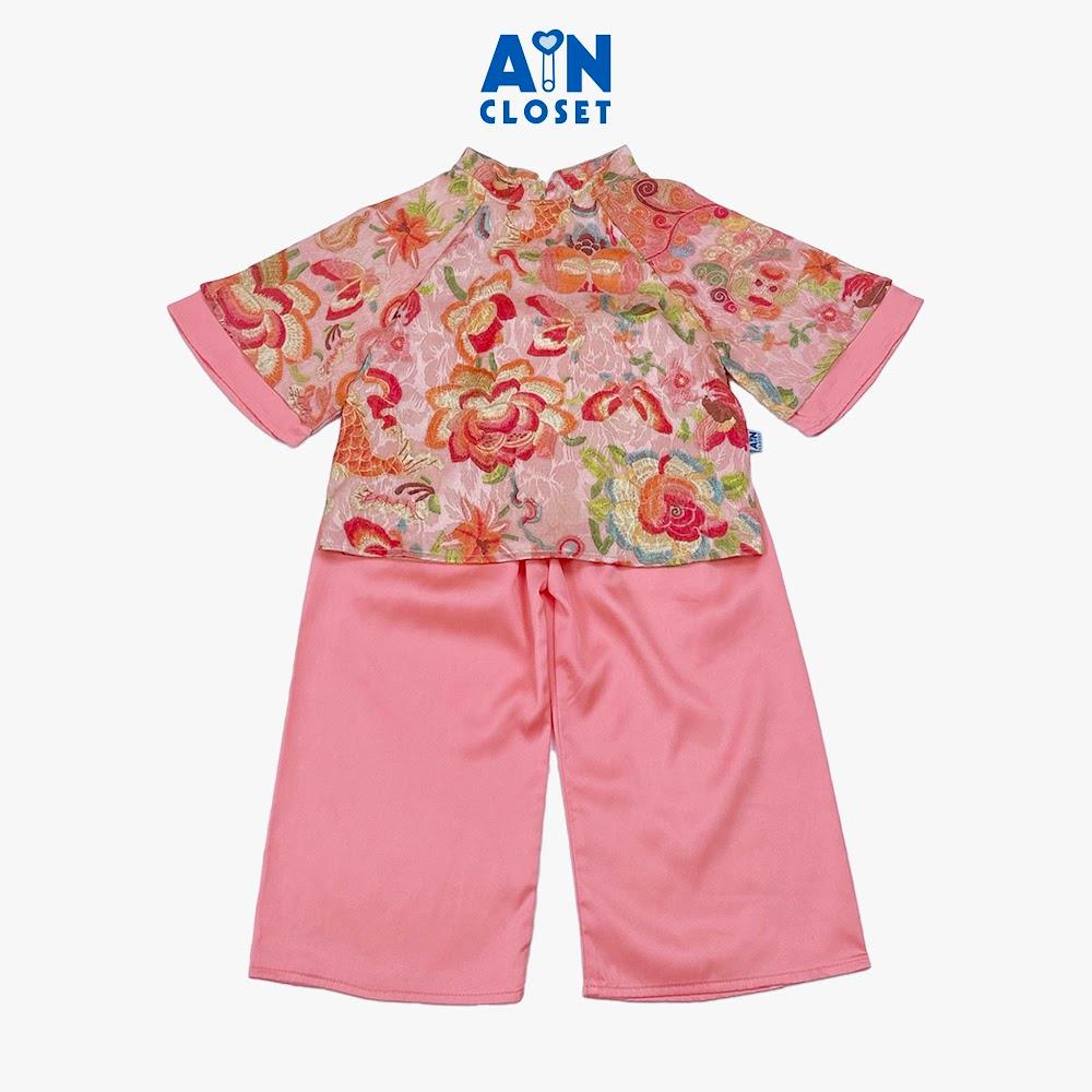 Bộ quần áo Pháp Phục Dài tay lỡ bé gái hoạ tiết Cá Chép Hồng Gấm lụa - AICDBGUALU3X - AIN Closet