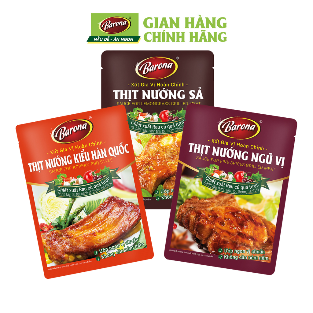 Combo Xốt gia vị hoàn chỉnh Barona: 1 gói Thịt Nướng Hàn Quốc + 1 gói Thịt Nướng Ngũ Vị + 1 gói Thịt Nướng Sả