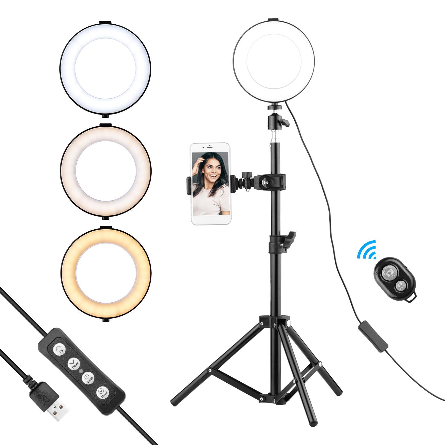 Đèn LED vòng 6 inch chụp ảnh USB 3 chế độ chiếu sáng Có thể điều chỉnh độ sáng với giá đỡ điện thoại + Ballhead
