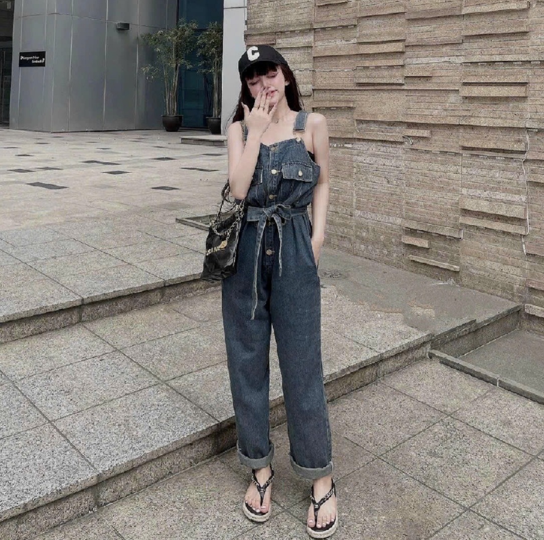 Quần yếm jeans nữ ống suông rộng 2 túi cột nơ, quần yếm xanh jean dài dáng rộng phong cách Hàn Quốc