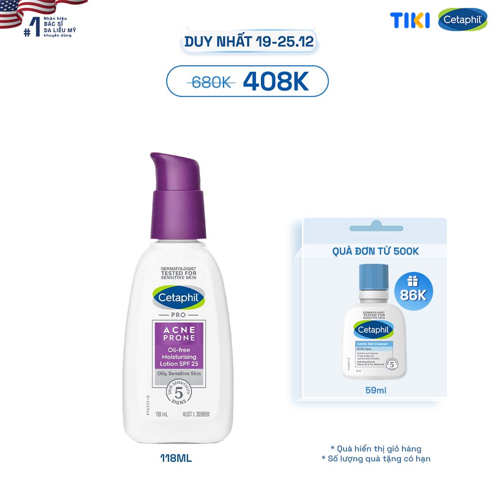 Sữa dưỡng ẩm cho da dầu mụn, nhạy cảm Cetaphil Pro Acne Prone Oil-free Moisturizing Lotion SPF 25 118ml