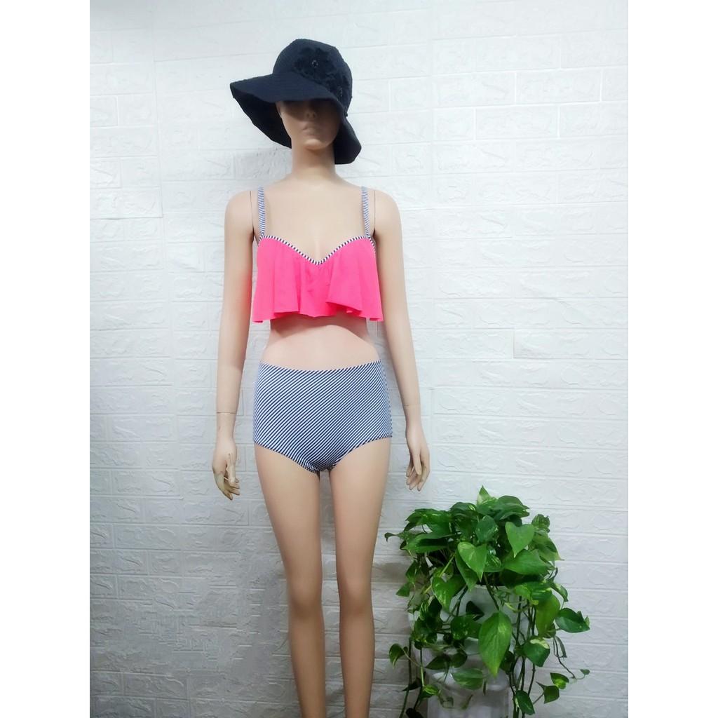 Sét đồ bơi cao cấp 2 mảnh hồng cam, quần cạp đen của Nga