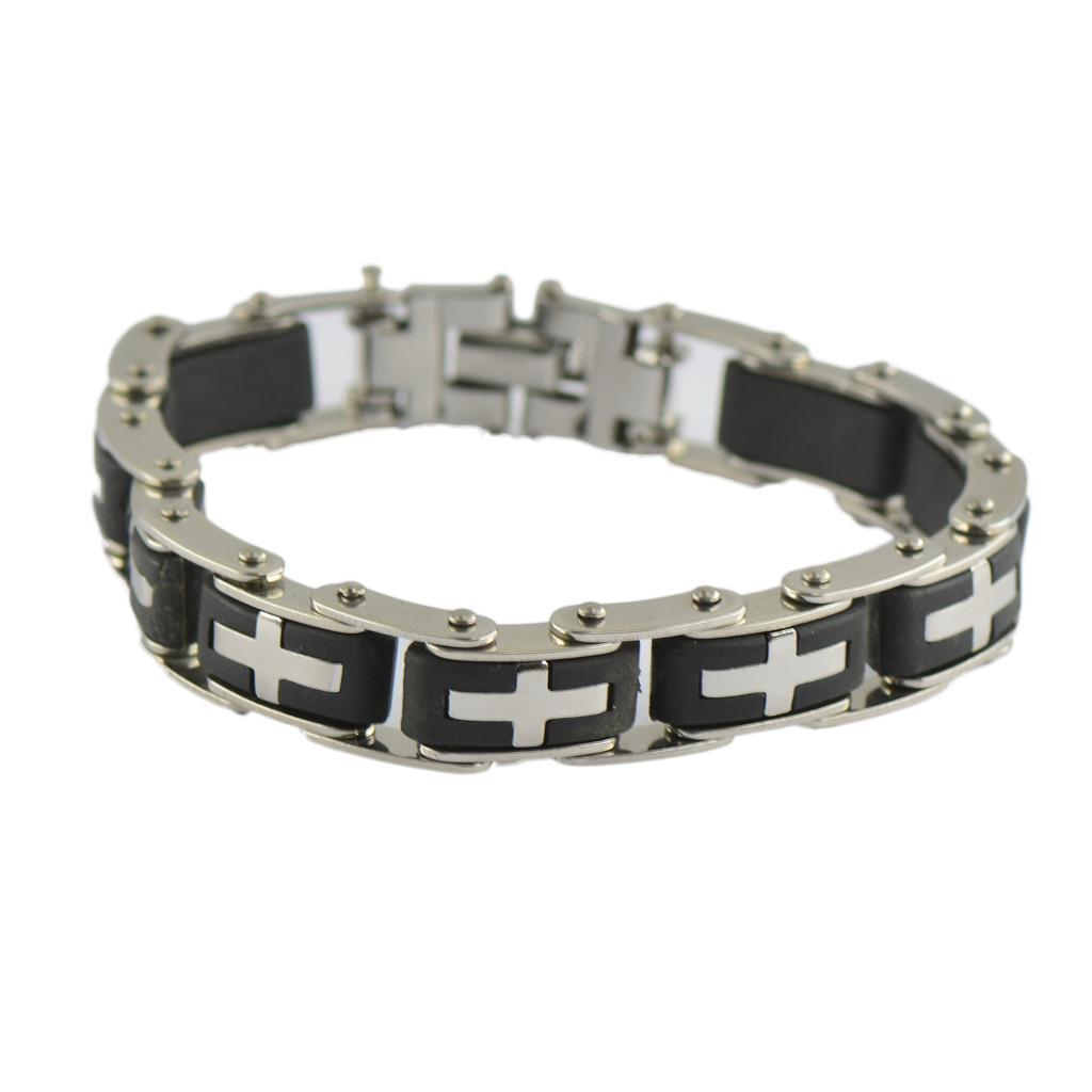 Men's Cross Stainless Steel Black Rubber Bracelet Bangle Wristband