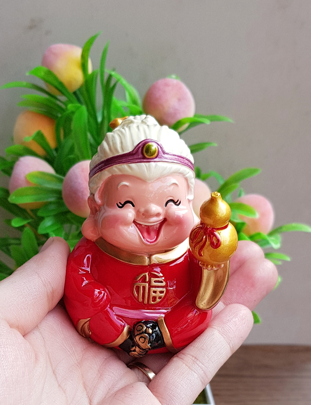 Bộ 02 tượng Ông Bà Thọ / Bách Niên Giai Lão 7cm kèm chậu đào trường thọ 10cm