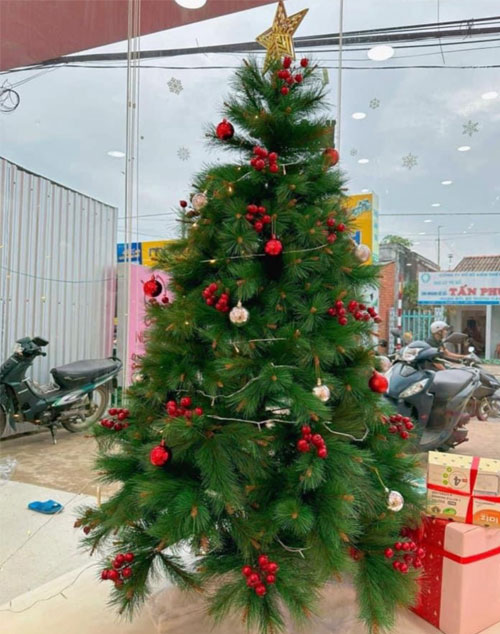 Cây thông noel cước đầu vàng gắn trái đỏ 2m1 - Mẫu cây như thật