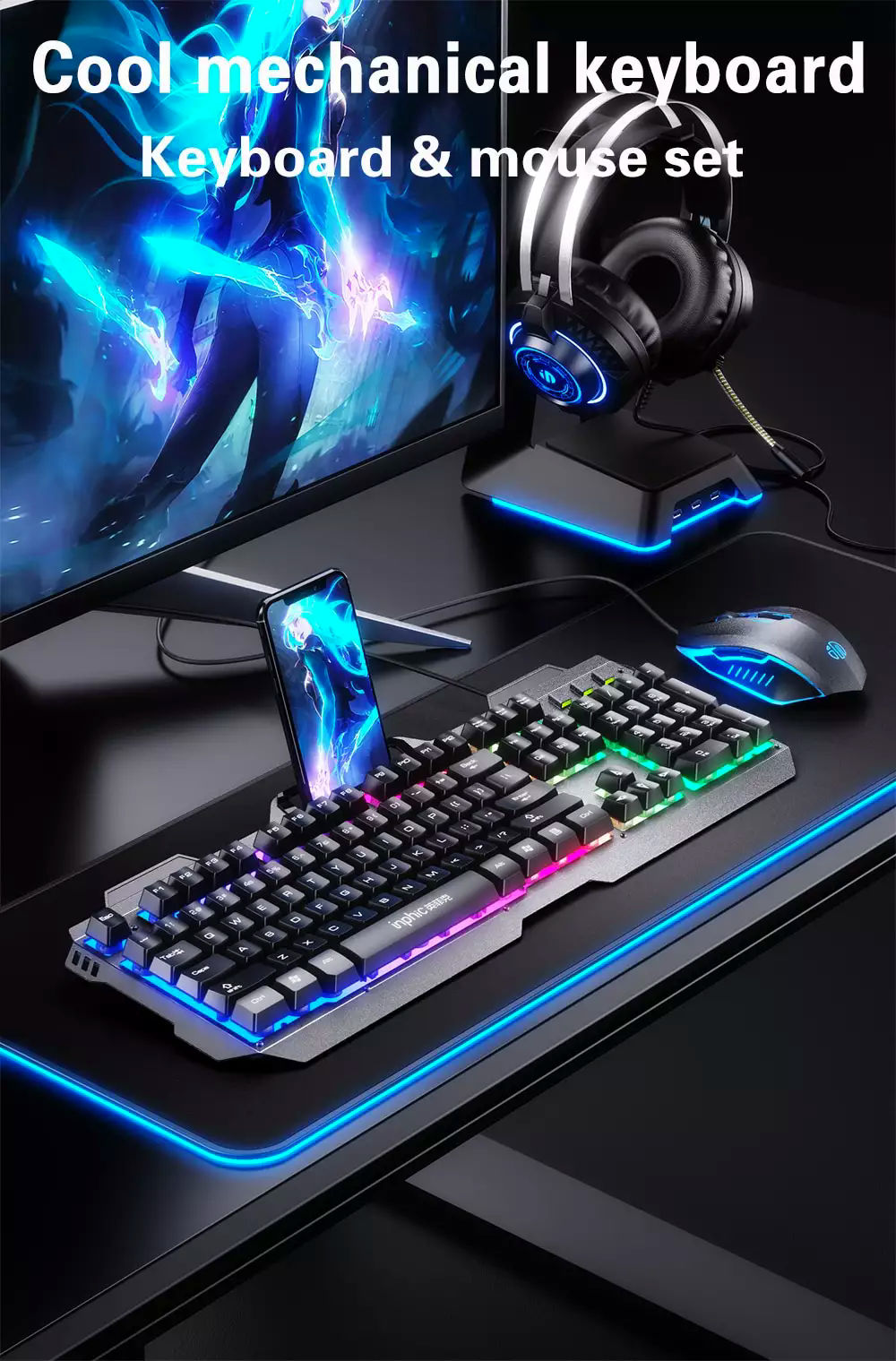 Bộ Combo bàn phím và chuột chơi game Inphic V680-V620 phím cơ có đèn nền siêu đẹp RGB hỗ trợ 4000DPI - Hàng chính hãng