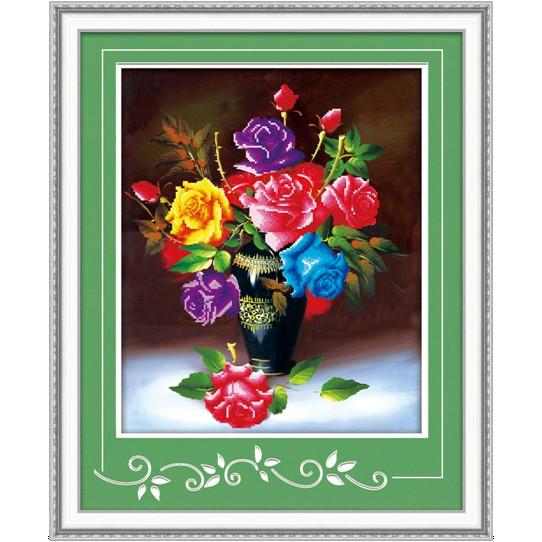 Tranh thêu Bình Hoa Hồng Ngũ Sắc kt 53x45cm