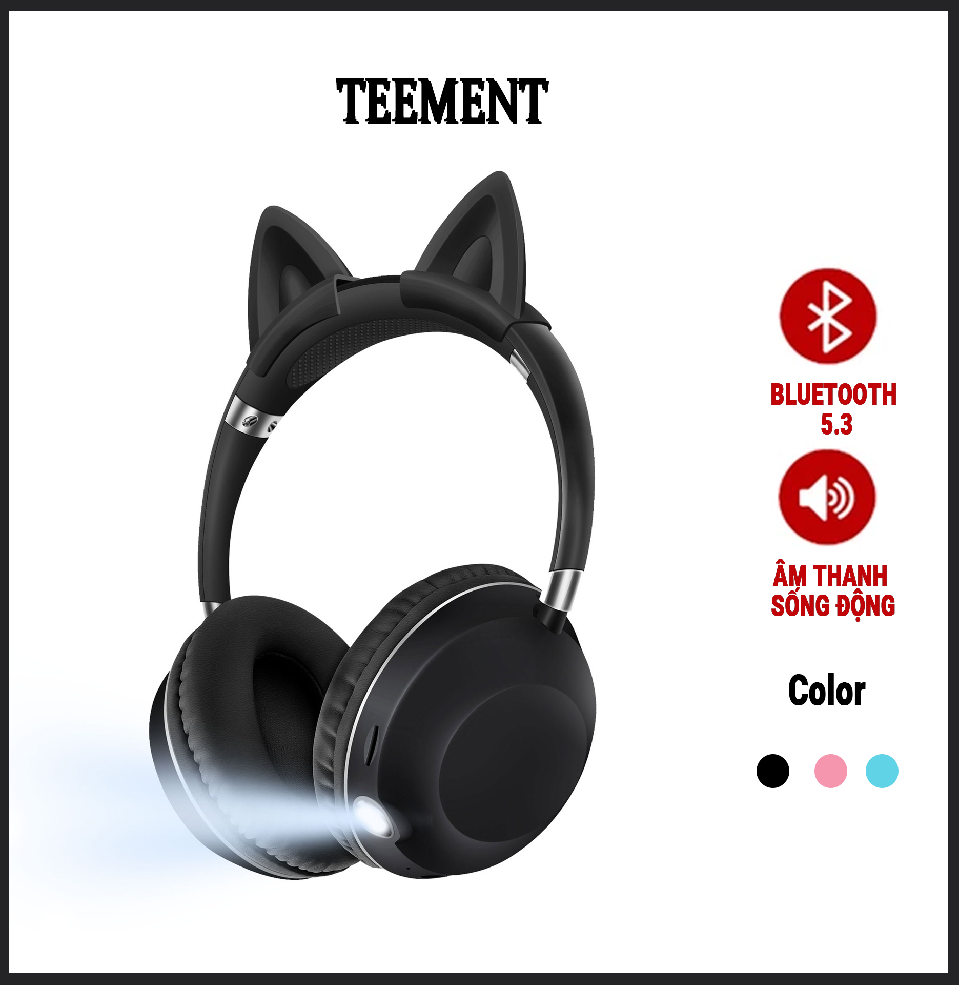 Tai Nghe Bluetooth Tai Mèo Cao Cấp Teement, Có Đèn Pin Tiện Lợi, Tai Nghe Không Dây, Tai Nghe Chụp Tai, Có Đèn Led Nghe Nhạc Chơi Game Đàm Thoại Dùng Được Cho Điện Thoại, Laptop, Máy Tính Tai Nghe Mèo Có Mic Hỗ Trợ Điều Chỉnh Âm Lượng - Hàng Chính Hãng