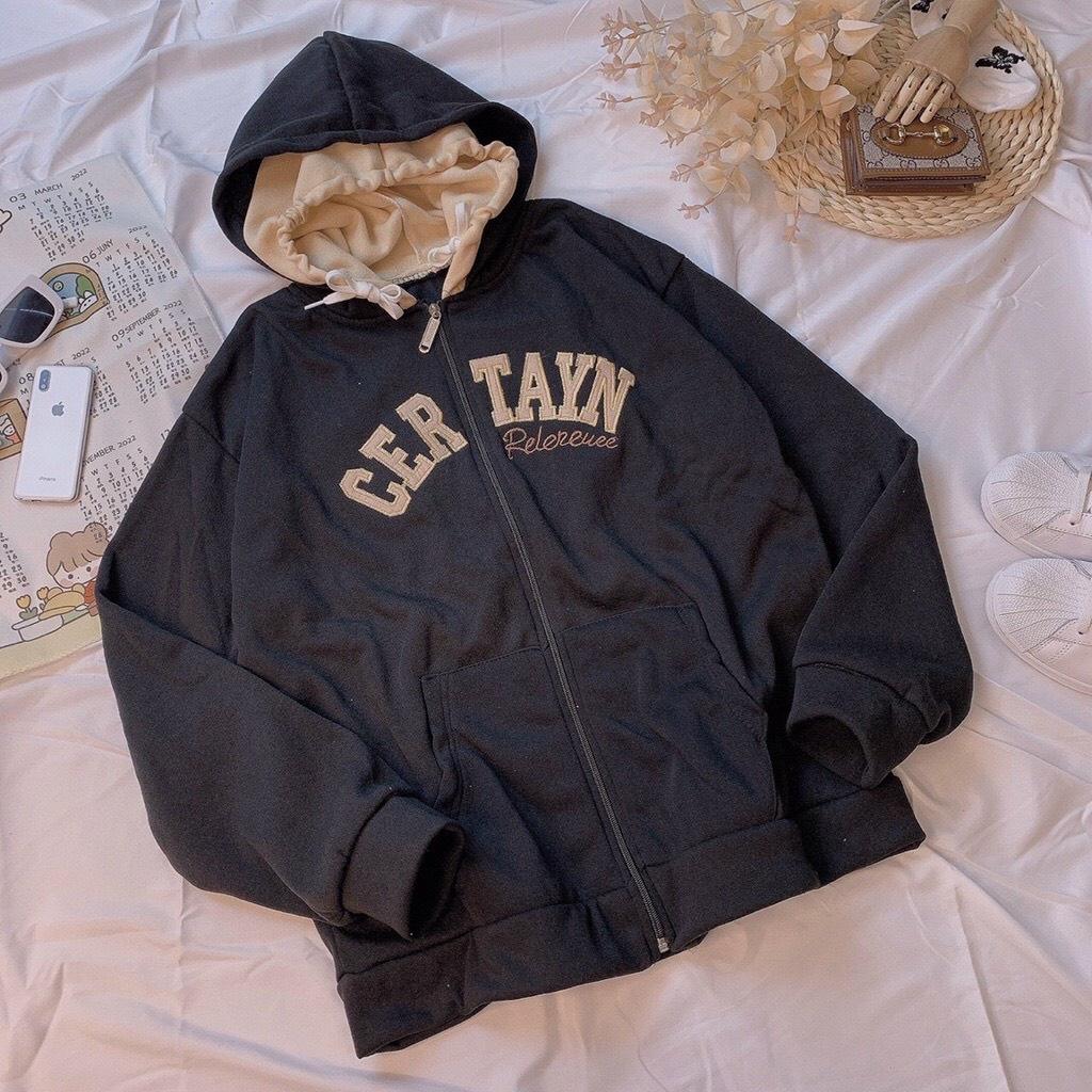 Áo Hoodie Nỉ Bông 2 NÓN THÊU CERTAYN Form Rộng FREE SIZE Unisex Ulzzang, Áo hoodies nữ chất nỉ form rộng chất dầy dặn có mũ - Áo nỉ lót lông Quảng Châu cao cấp