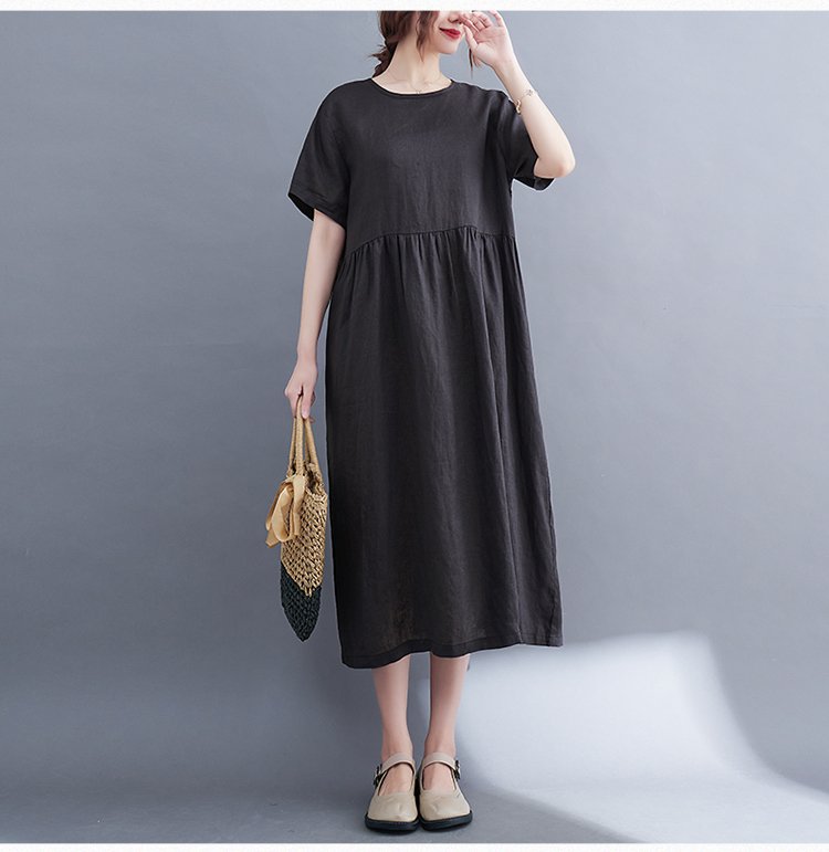 Hình ảnh Đầm suông nữ dáng rộng dài bo chun eo, túi sườn, chất liệu đũi mềm mại cao cấp, thời trang phong cách Nhật Bản AH81