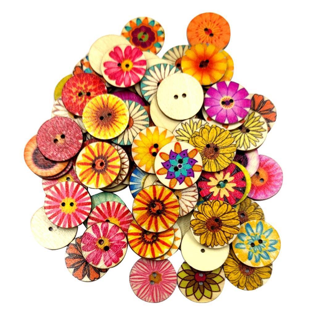 Pack of 100 Mixed Random Flower Patterns Round Wooden Buttons Assorted Colors for DIY Sewing Crafting DIY, 15mm 20mm