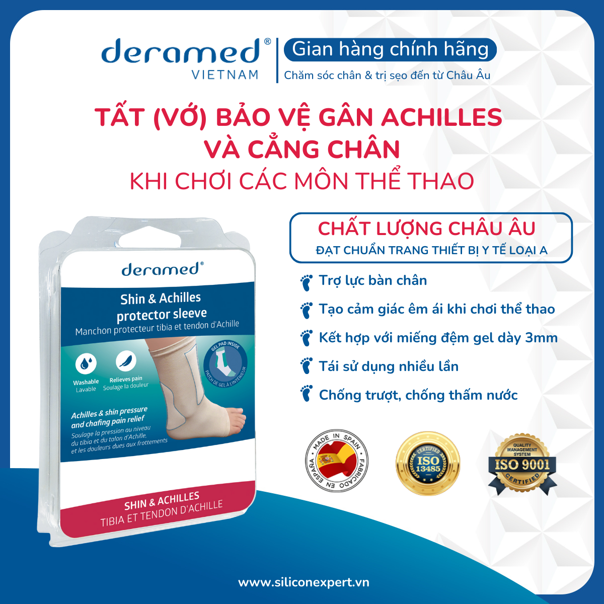TẤT BẢO VỆ ĐA ĐIỂM GÂN ACHILLES VÀ CẲNG CHÂN DERAMED PHÙ HỢP VỚI NHIỀU MÔN THỂ THAO NHƯ TENNIS, CẦU LÔNG, BÓNG CHUYỀN, BÓNG RỔ, BÓNG ĐÁ - 1 CHIẾC - SẢN XUẤT TẠI TÂY BAN NHA