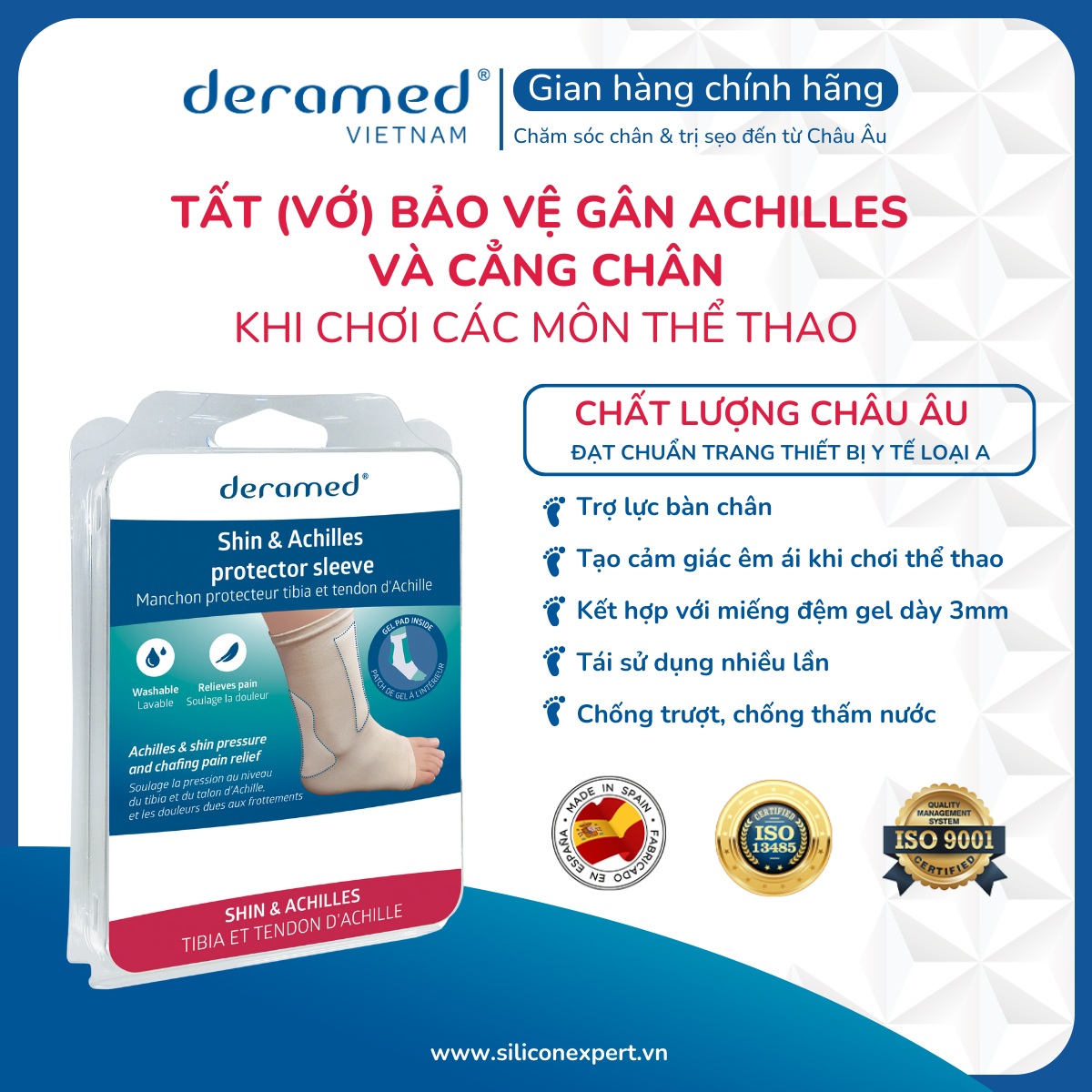 TẤT (VỚ) BẢO VỆ ĐA ĐIỂM GÂN ACHILLES (A-SIN) VÀ CẲNG CHÂN DERAMED PHÙ HỢP VỚI NHIỀU MÔN THỂ THAO NHƯ TENNIS, CẦU LÔNG, BÓNG CHUYỀN, BÓNG RỔ, BÓNG ĐÁ - 1 CHIẾC - SẢN XUẤT TẠI TÂY BAN NHA