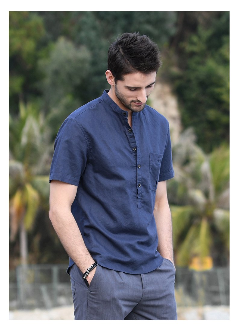 Áo đũi cộc tay cổ trụ thiết kế túi ngực xếp ly lịch lãm vải Linen thoáng khí ms01