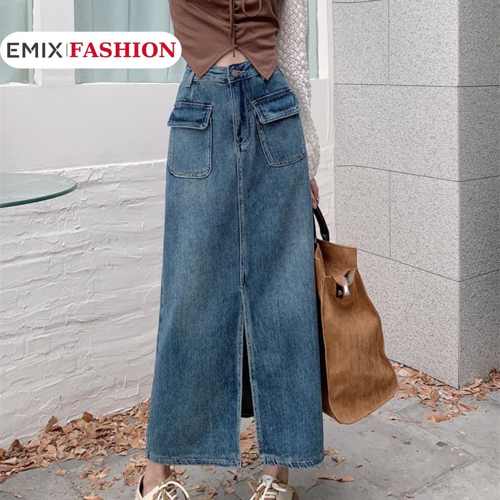 Chân váy jean dáng dài EMIX, midi, chữ A, cạp cao, xẻ trước, có túi, ulzzang Hàn Quốc 6851